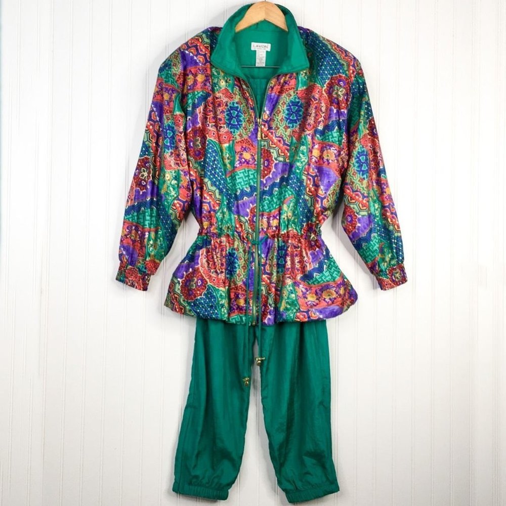 Vintage Lavon Womens Windbreaker Peplum Jacket Pants Jogger Set Multicolor Zip L